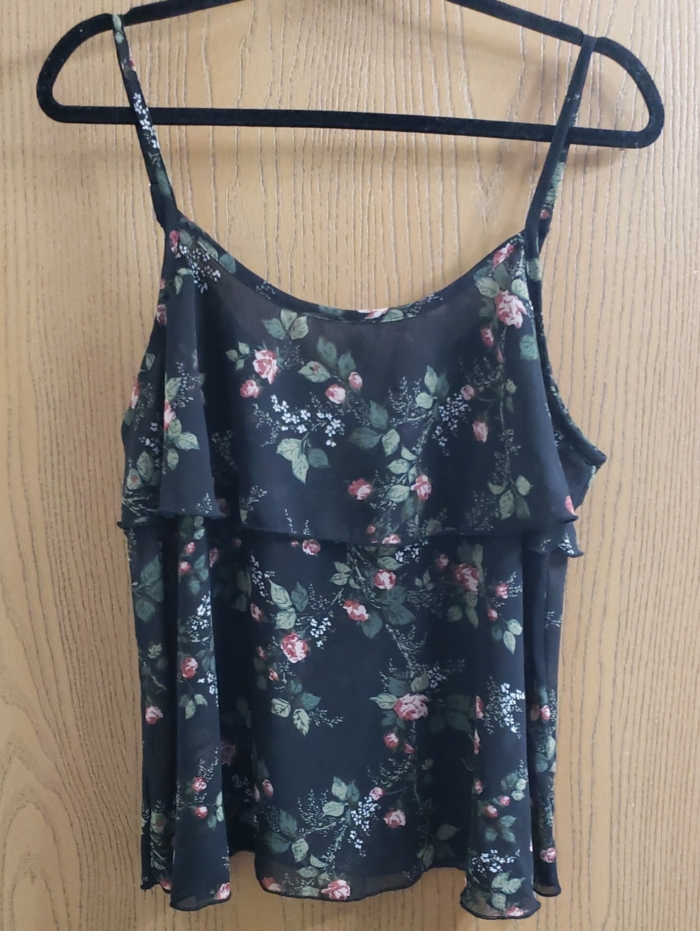 Black Floral Ruffle Cami - Green & Pink Blooms